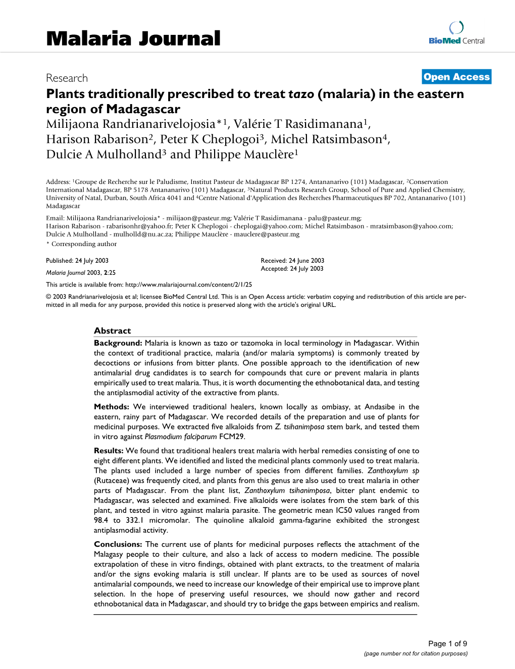 Malaria Journal Biomed Central