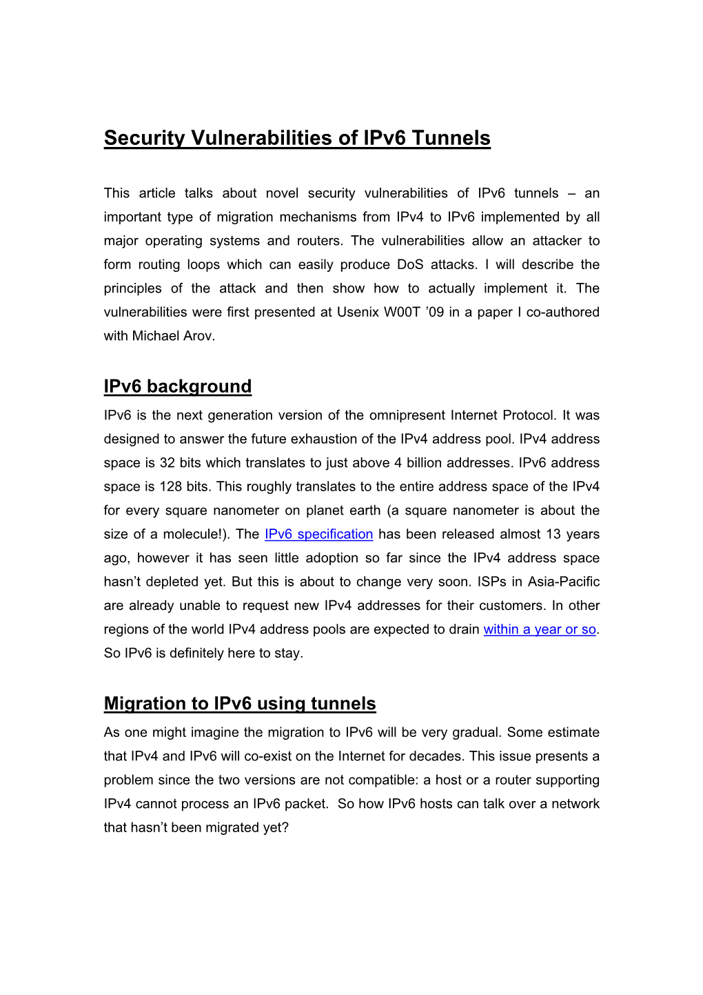 Security Vulnerabilities of Ipv6 Tunnels