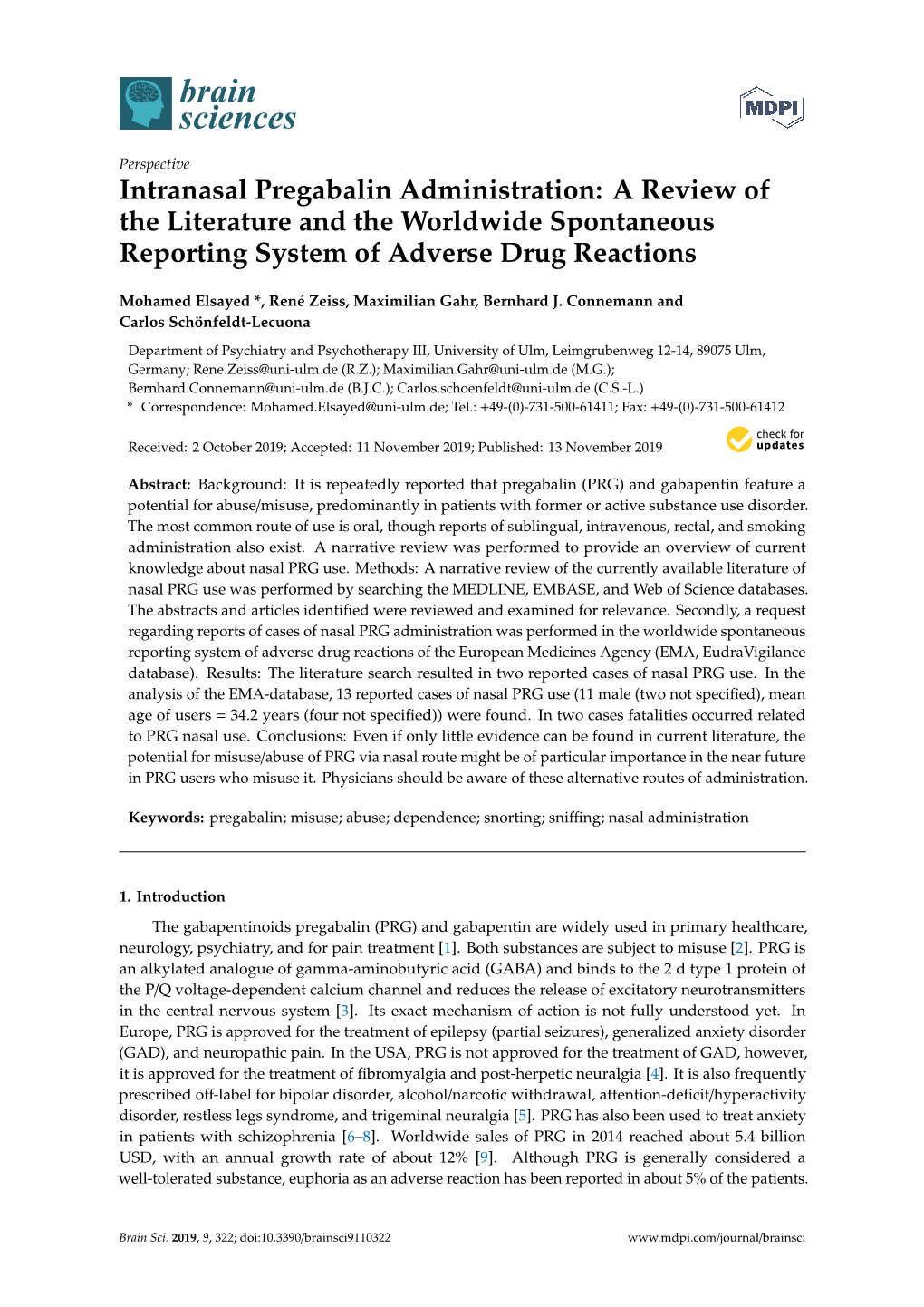 Intranasal Pregabalin Administration: a Review of the Literature and the Worldwide Spontaneous Reporting System of Adverse Drug Reactions