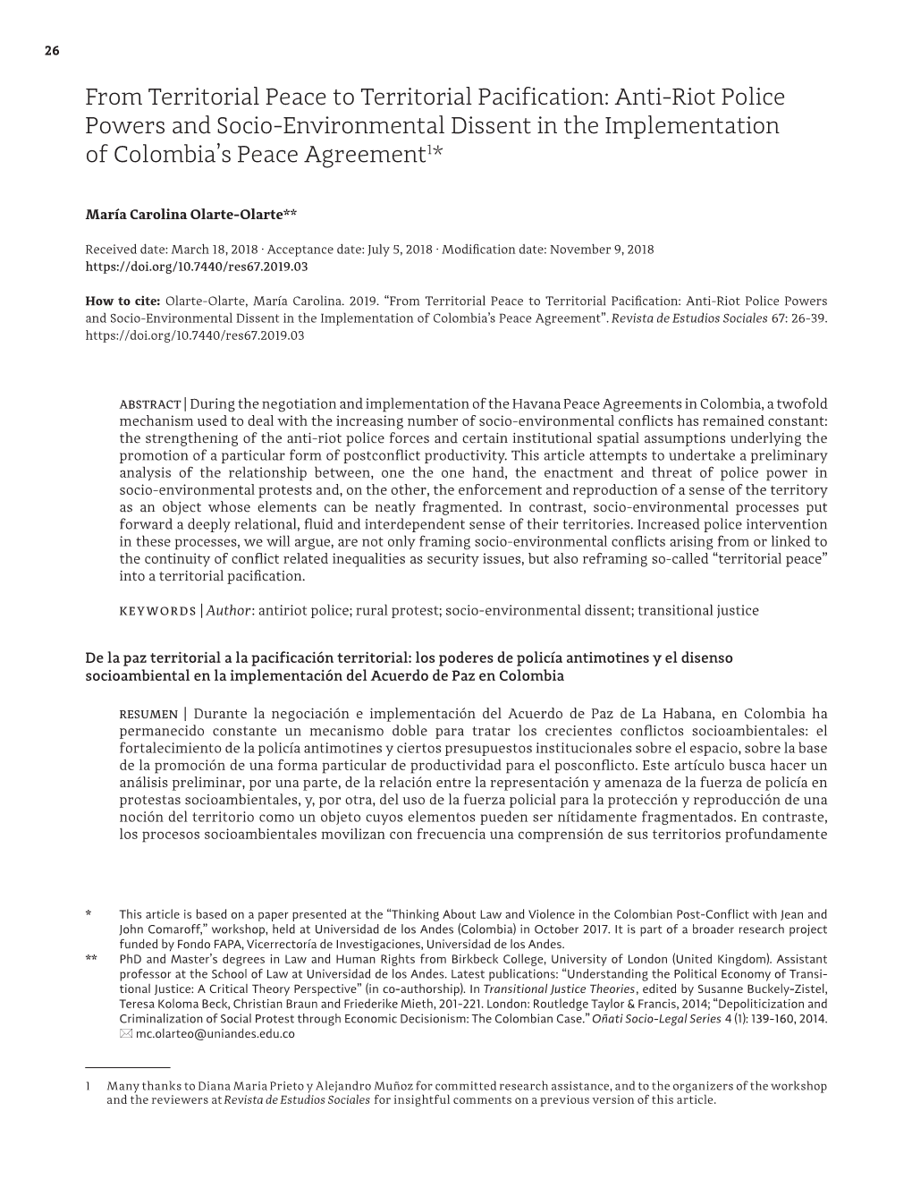 Anti-Riot Police Powers and Socio-Environmental Dissent in the Implementation of Colombia’S Peace Agreement1*