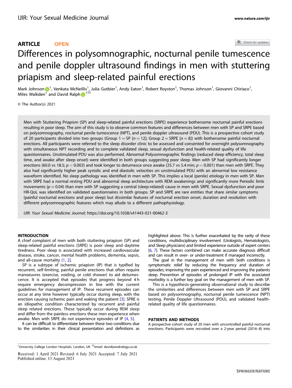 Differences in Polysomnographic, Nocturnal Penile Tumescence and Penile Doppler Ultrasound Findings in Men with Stuttering Priap