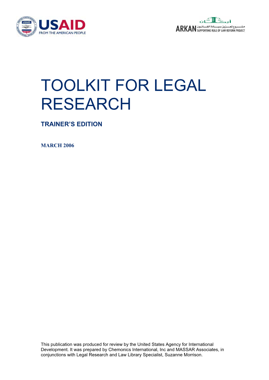 Toolkit for Legal Research, Trainer’S Edition Iii
