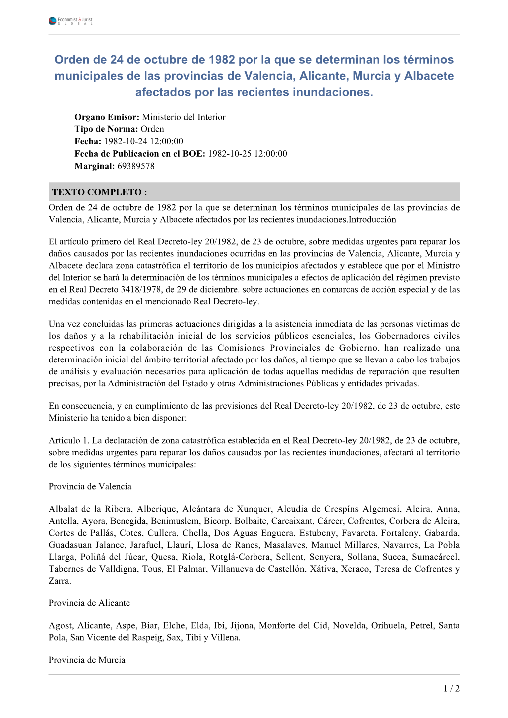 Orden De 24 De Octubre De 1982 Por La Que Se Determinan Los Términos