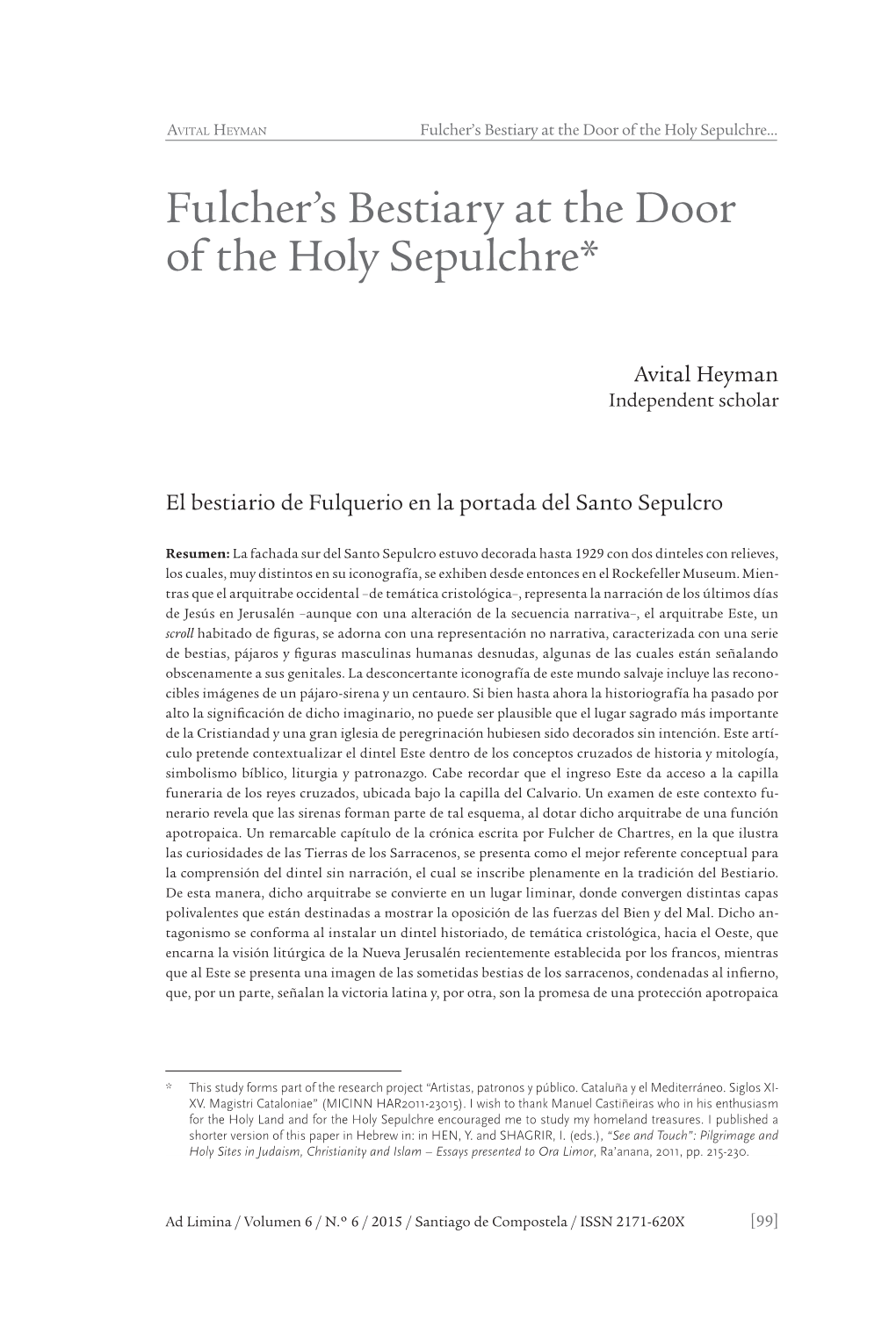 Fulcher's Bestiary at the Door of the Holy Sepulchre*