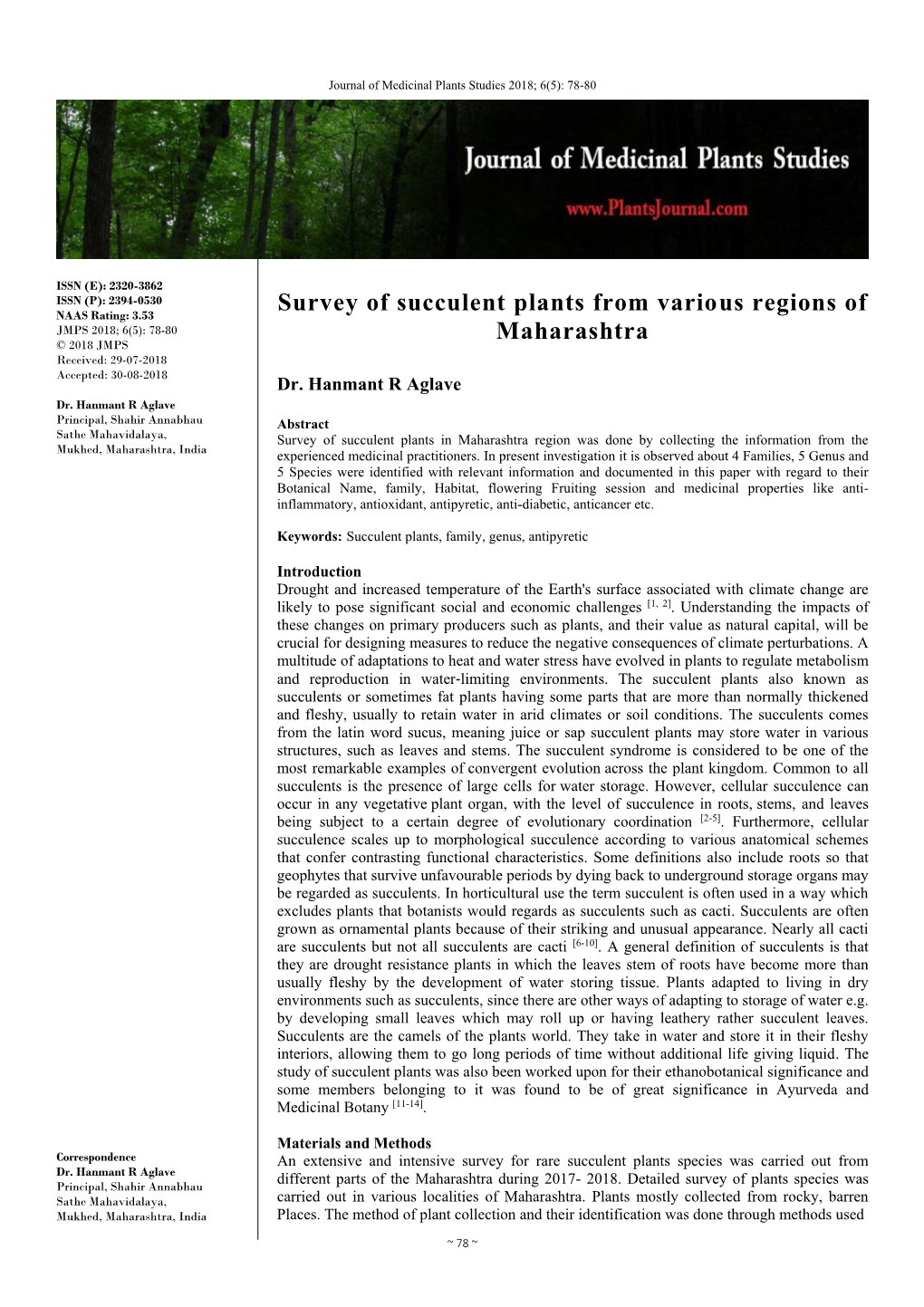 Survey of Succulent Plants from Various Regions of Maharashtra