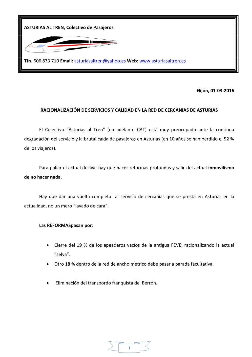 ASTURIAS AL TREN, Colectivo De Pasajeros Tfn. 606 833 710 Email