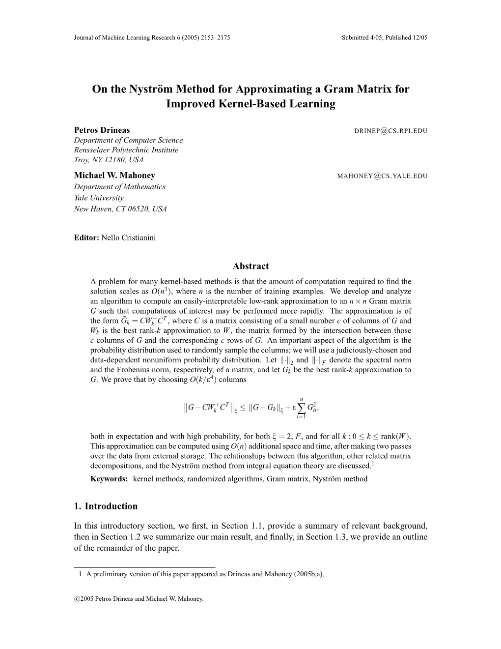 On the Nyström Method for Approximating a Gram Matrix For