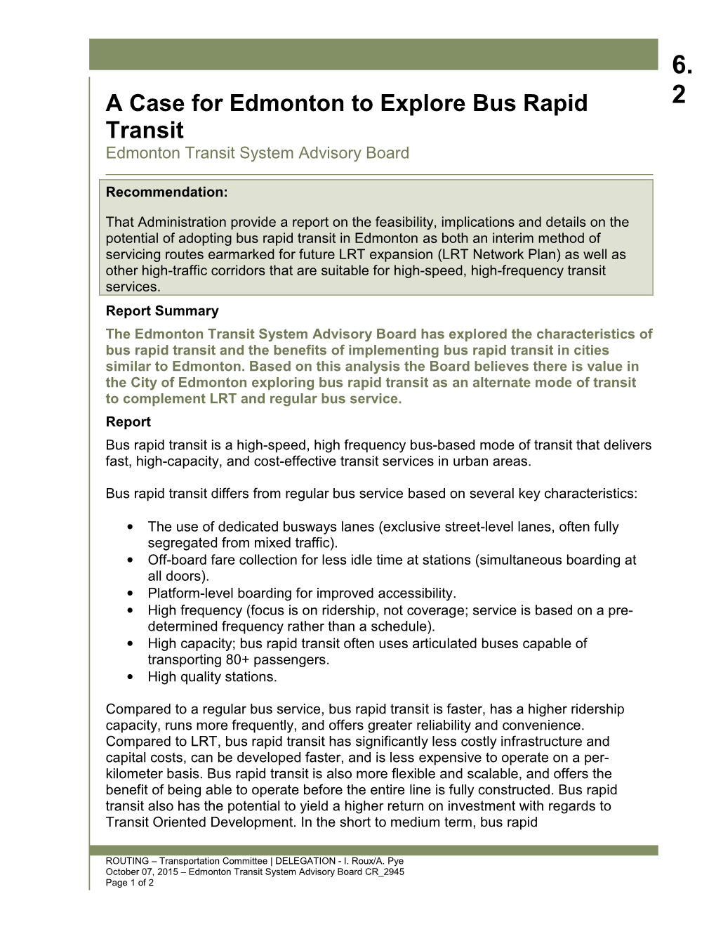 A Case for Edmonton to Explore Bus Rapid Transit