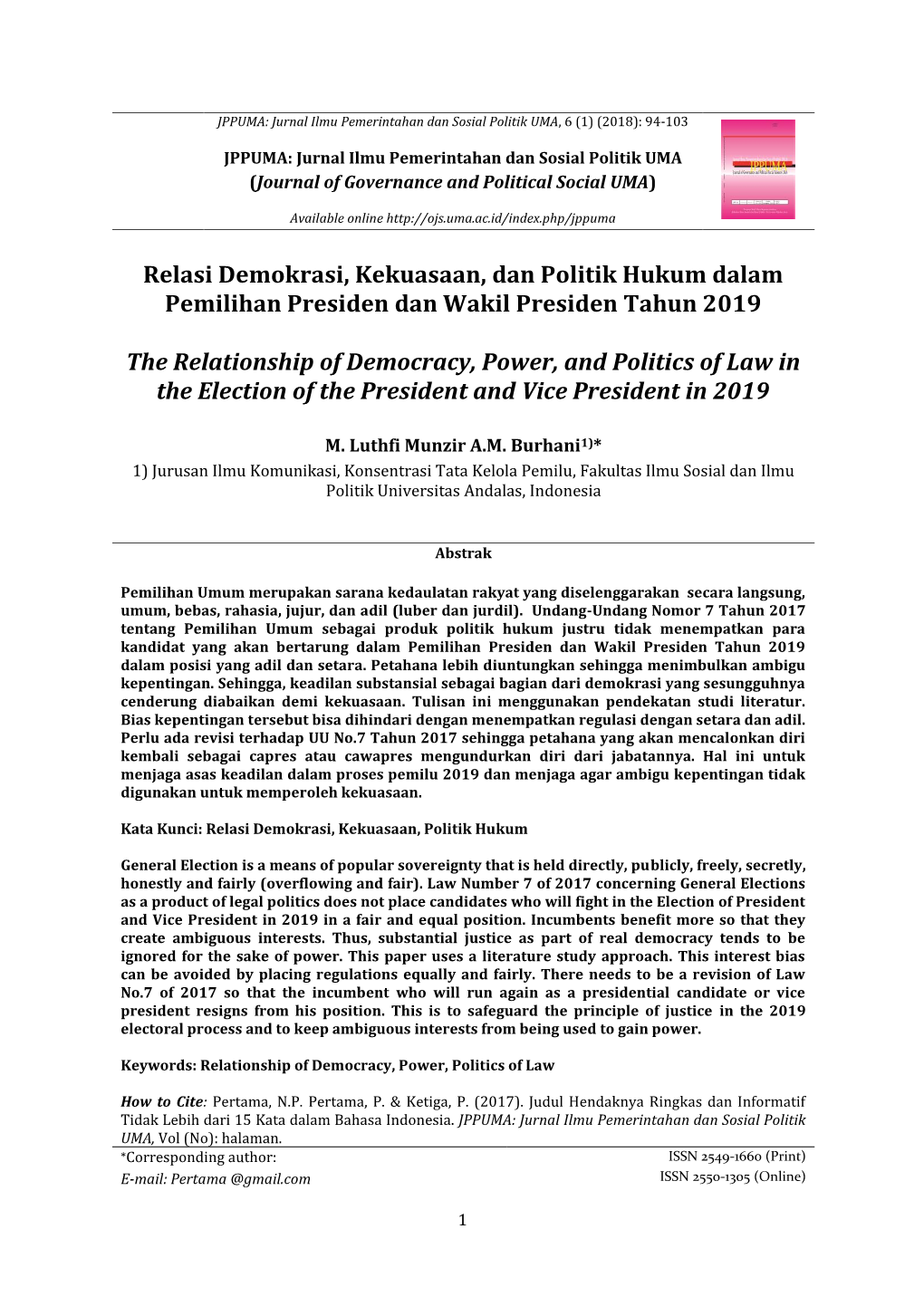 JPPUMA: Jurnal Ilmu Pemerintahan Dan Sosial Politik UMA, 6 (1) (2018): 94-103