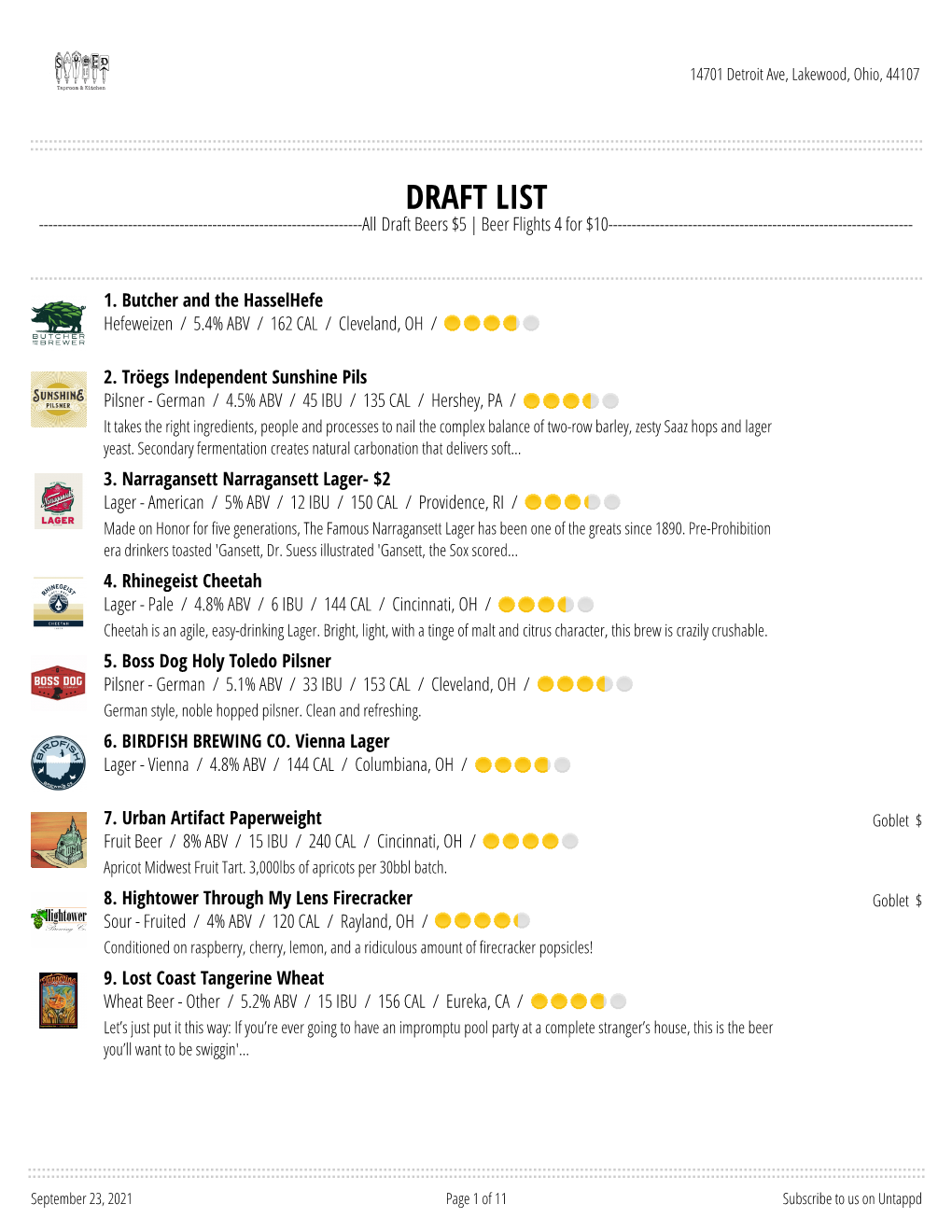 DRAFT LIST ------All Draft Beers $5 | Beer Flights 4 for $10