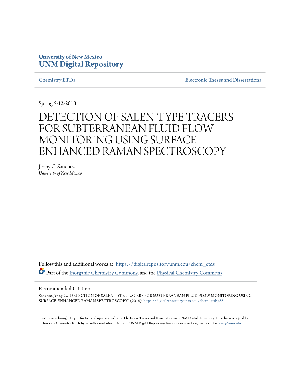 DETECTION of SALEN-TYPE TRACERS for SUBTERRANEAN FLUID FLOW MONITORING USING SURFACE- ENHANCED RAMAN SPECTROSCOPY Jenny C