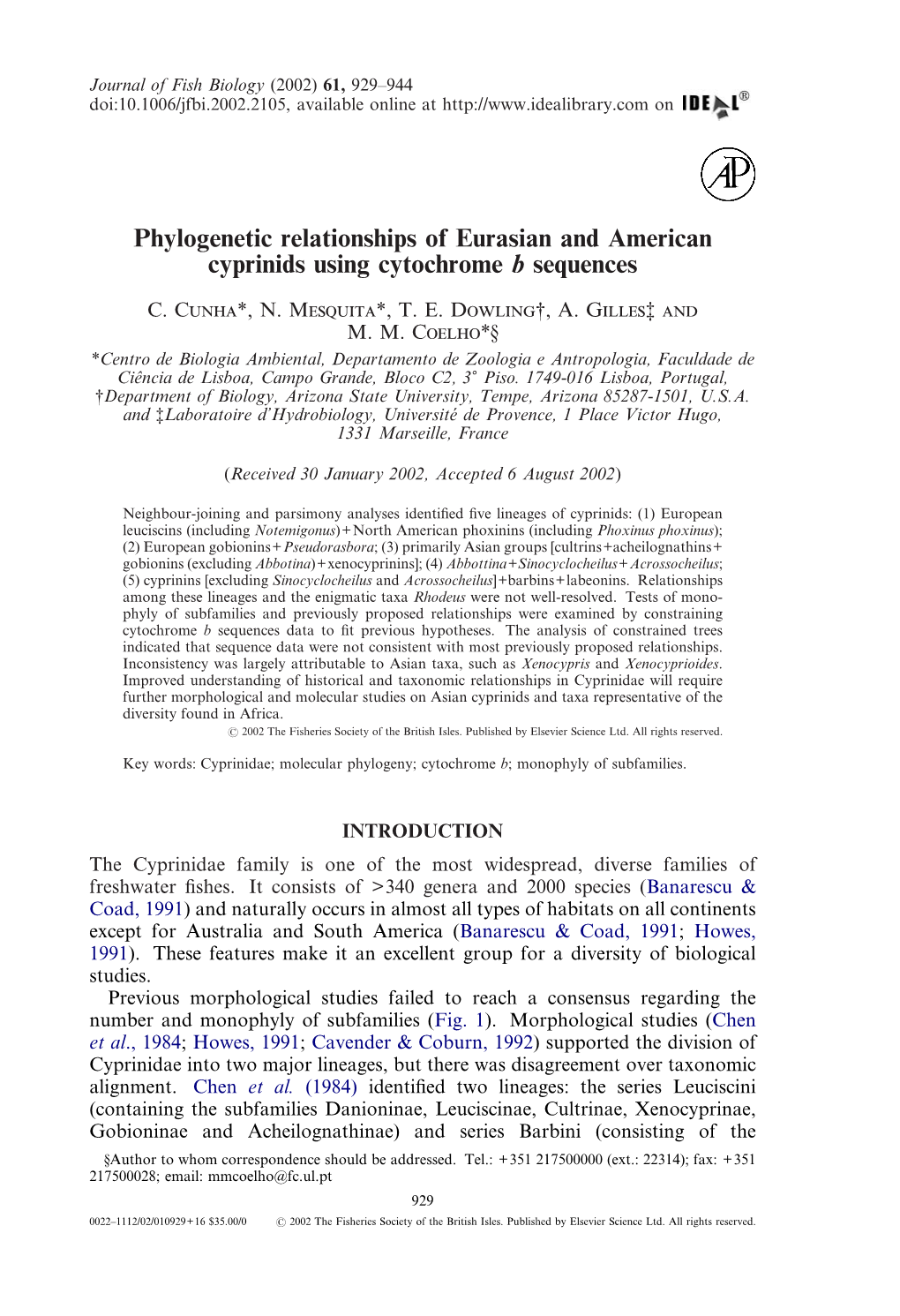 Phylogenetic Relationships of Eurasian and American Cyprinids Using Cytochrome B Sequences