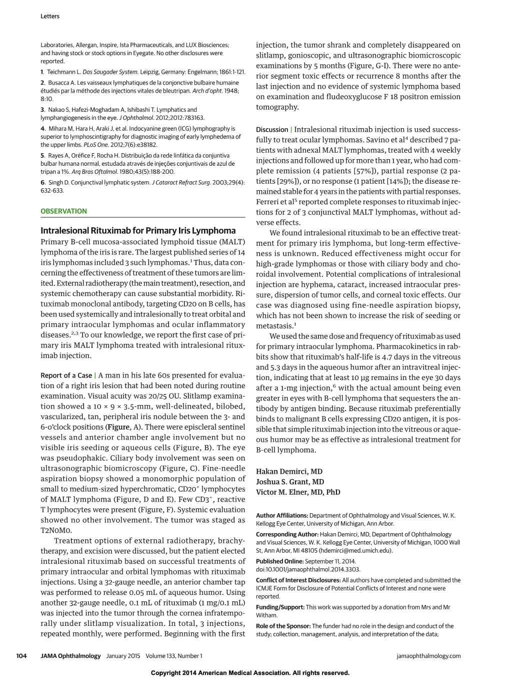 Intralesional Rituximab for Primary Iris Lymphoma