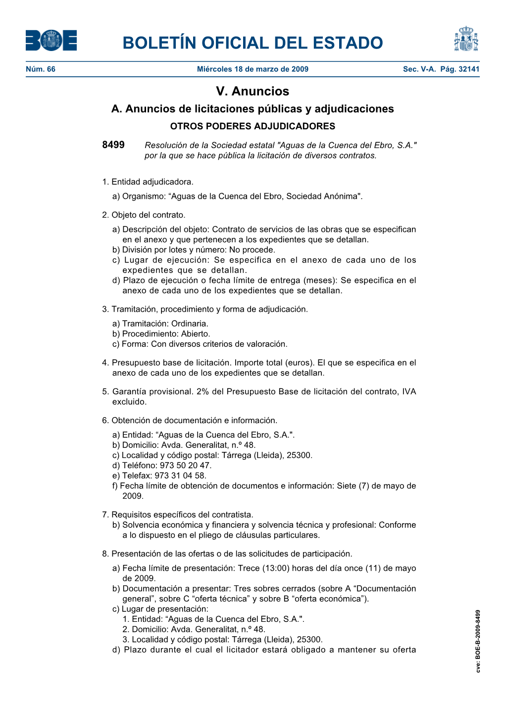 Anuncio Del BOE Núm 66 De Miércoles 18 De Marzo De 2009