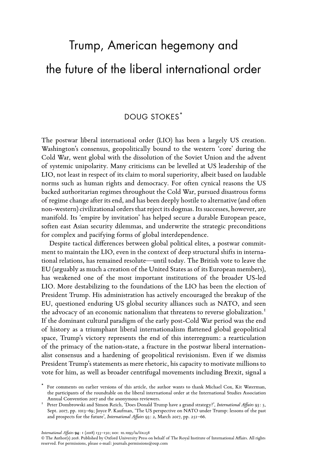 Trump, American Hegemony and the Future of the Liberal International Order