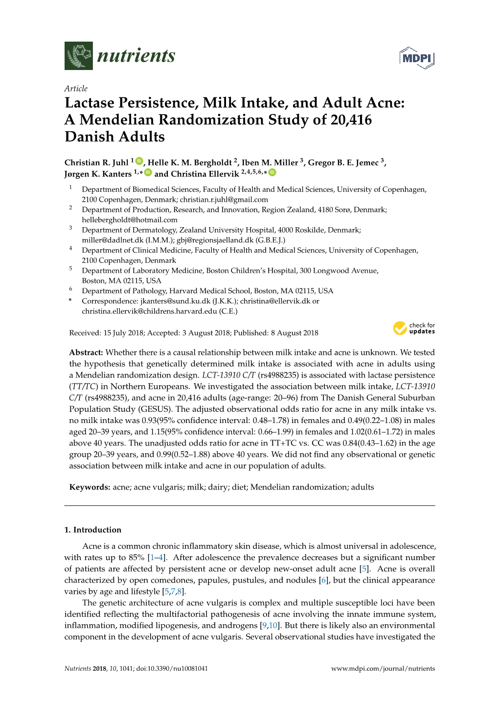 Lactase Persistence, Milk Intake, and Adult Acne: a Mendelian Randomization Study of 20,416 Danish Adults