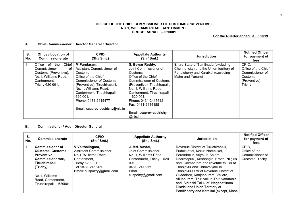 OFFICE of the CHIEF COMMISSIONER of CUSTOMS (PREVENTIVE) NO.1, WILLIAMS ROAD, CANTONMENT TIRUCHIRAPALLI – 620001 for the Quarter Ended 31.03.2019