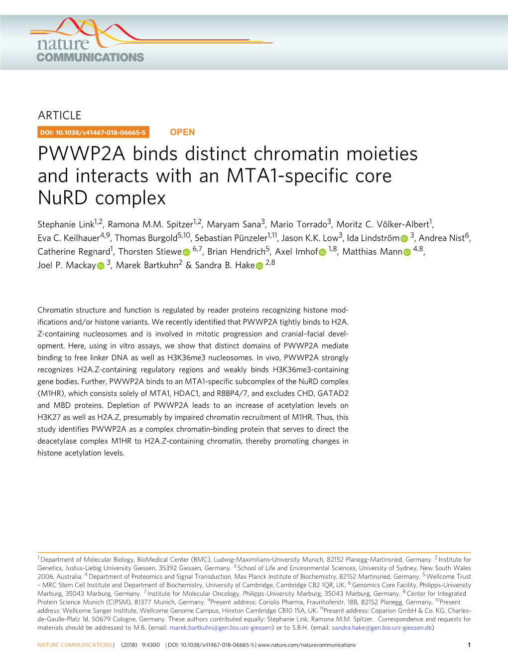 PWWP2A Binds Distinct Chromatin Moieties and Interacts with an MTA1-Speciﬁc Core Nurd Complex