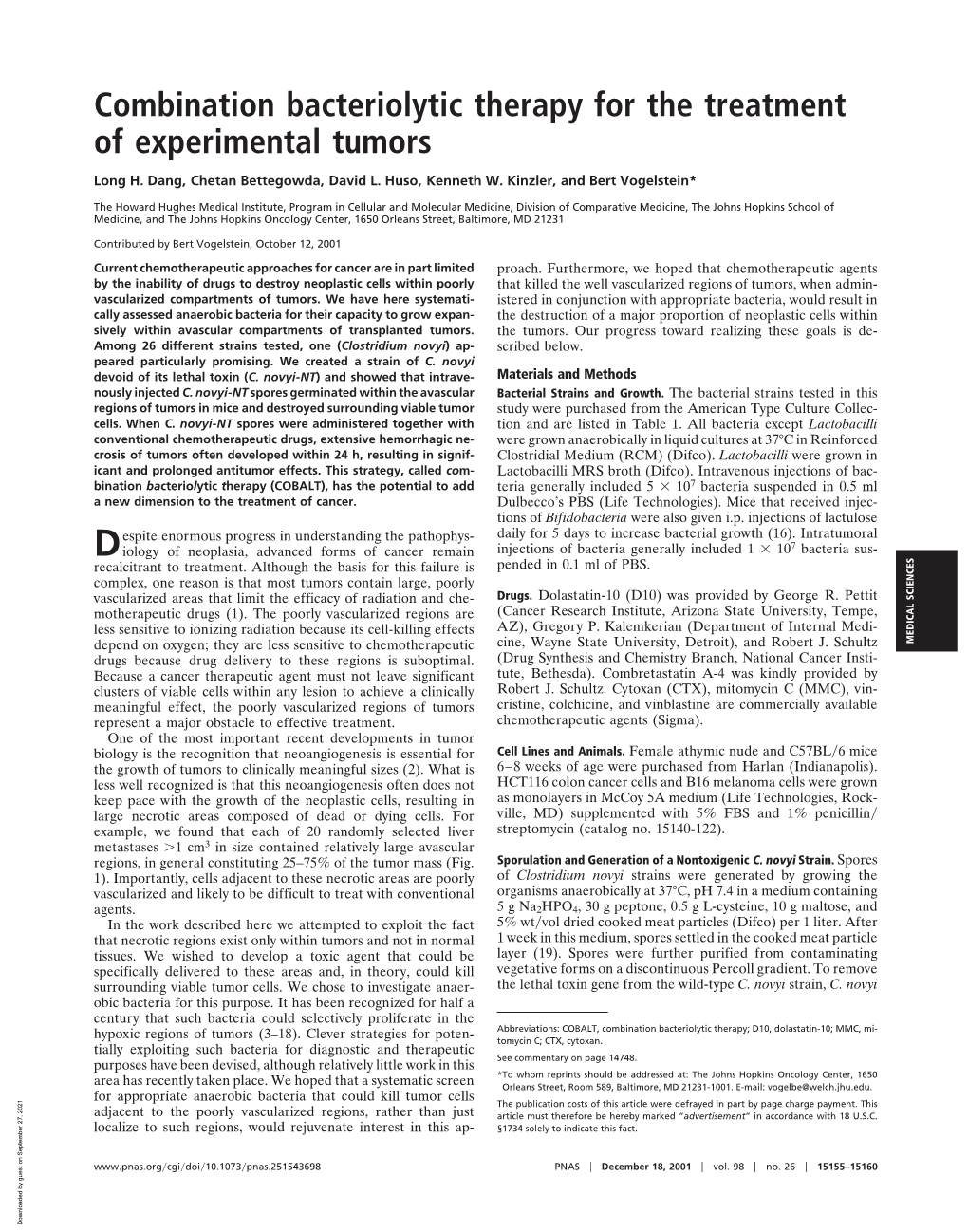 Combination Bacteriolytic Therapy for the Treatment of Experimental Tumors