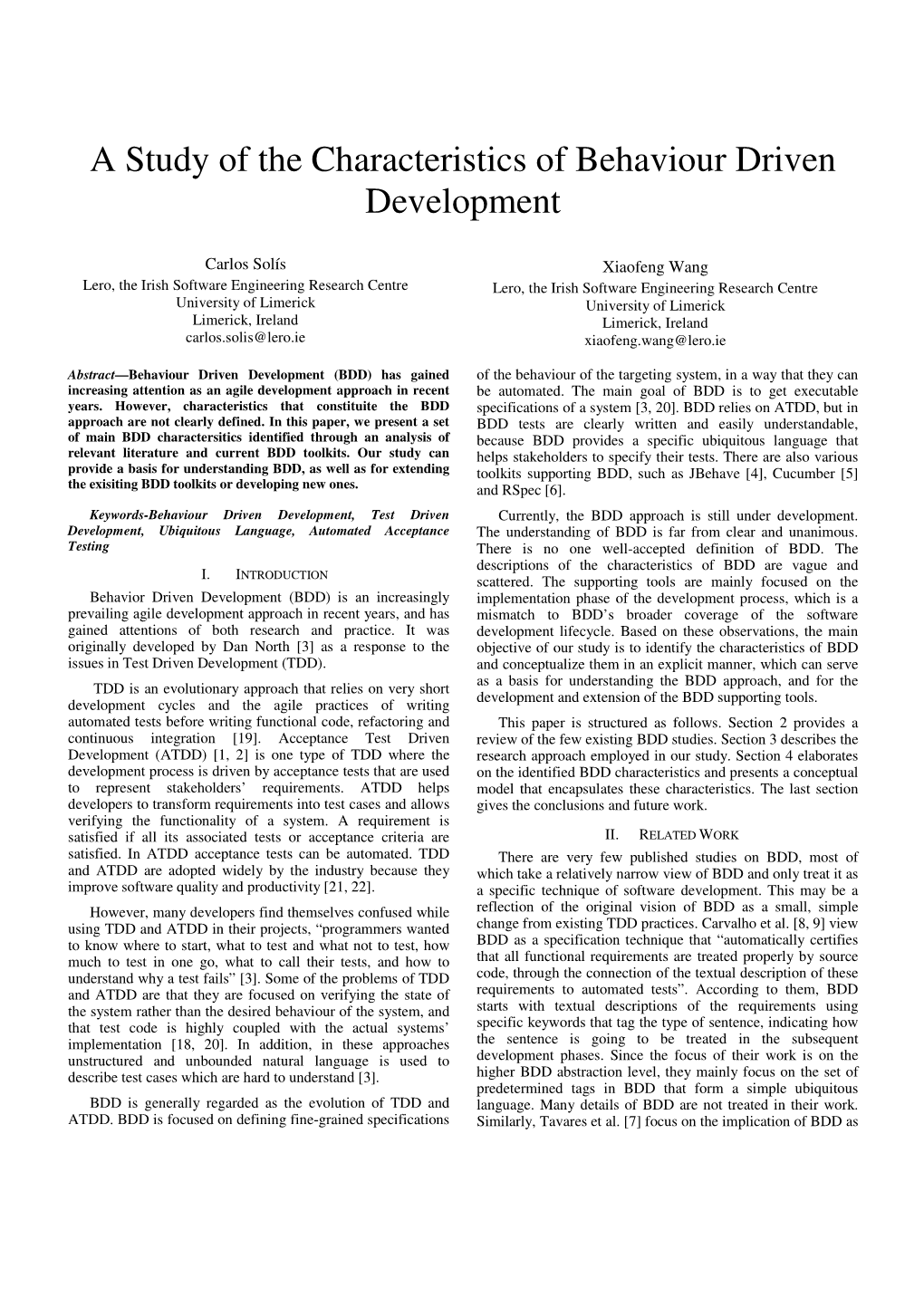 A Study of the Characteristics of Behaviour Driven Development