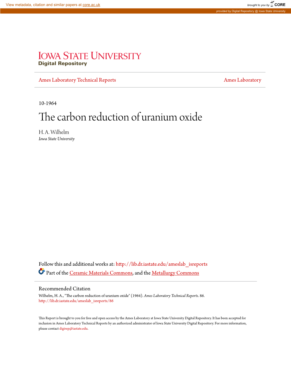 The Carbon Reduction of Uranium Oxide