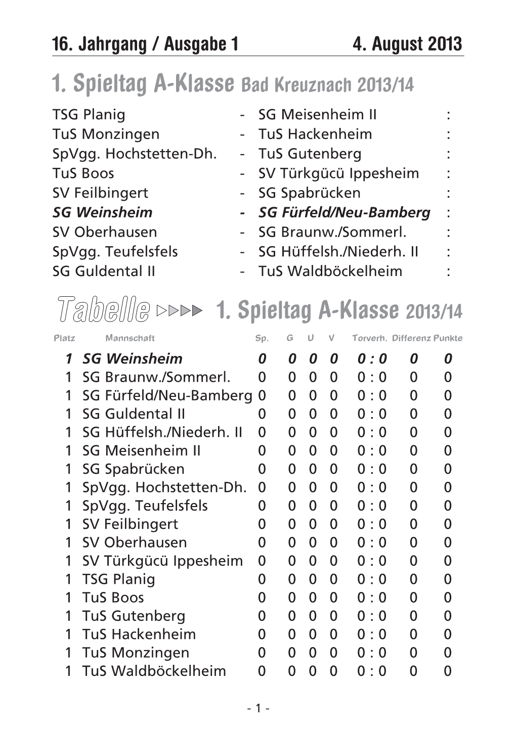 1. Spieltag A-Klasse Bad Kreuznach 2013/14 TSG Planig - SG Meisenheim II : Tus Monzingen - Tus Hackenheim : Spvgg