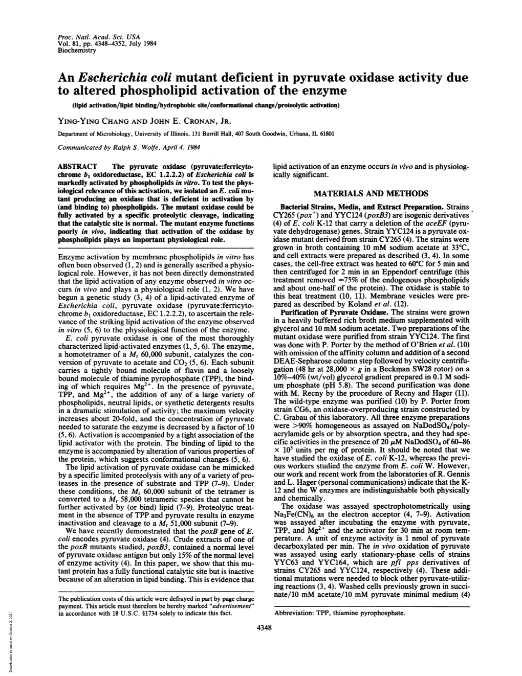 An Escherichiacoli Mutant Deficient in Pyruvate Oxidase Activity Due To
