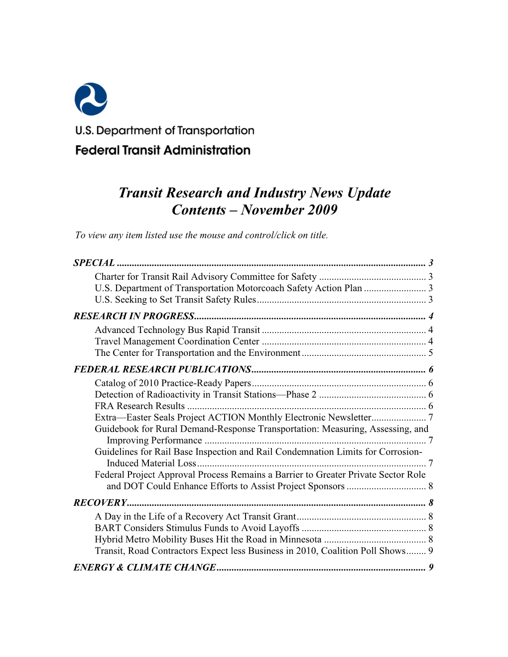 Transit Research and Industry News Update Contents – November 2009