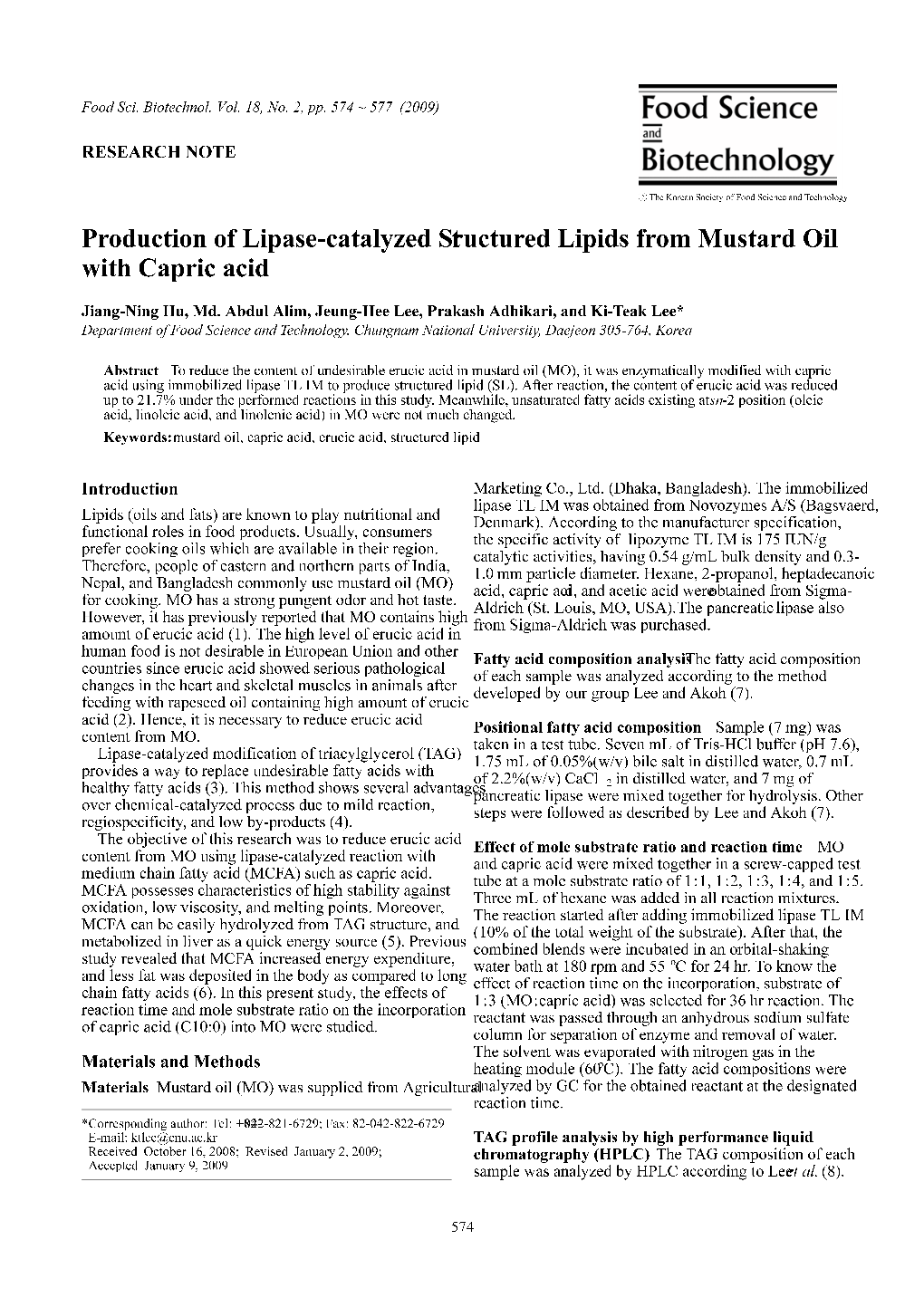 Production of Lipase-Catalyzed Structured Lipids from Mustard Oil with Capric Acid