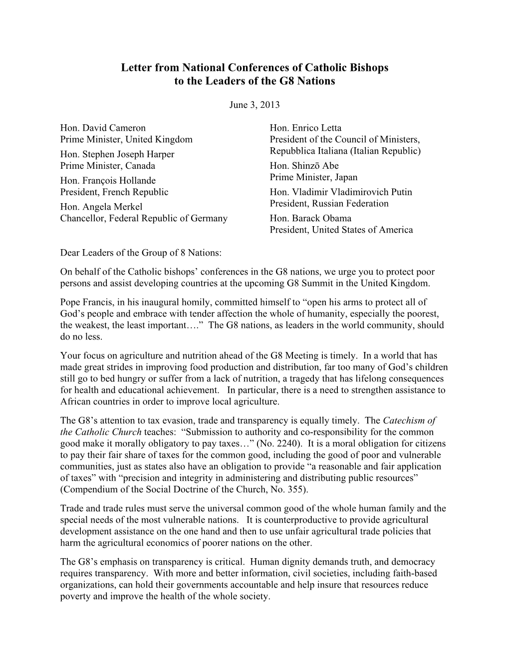 Letter from National Conferences of Catholic Bishops to the Leaders of the G8 Nations