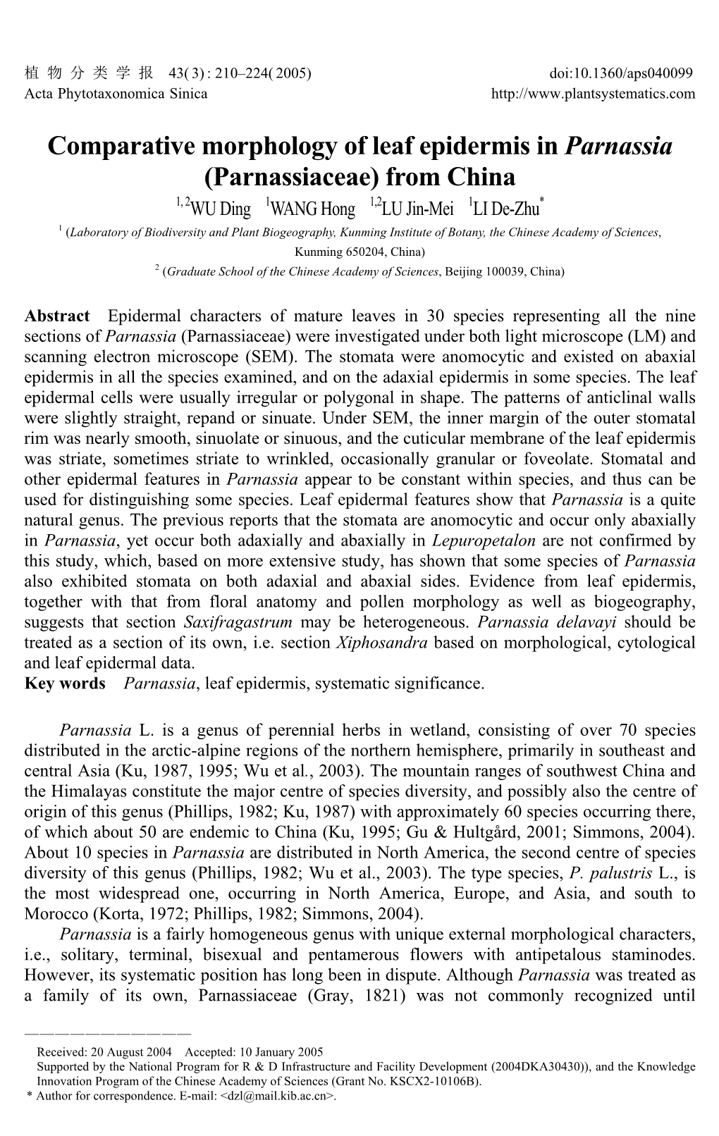 Comparative Morphology of Leaf Epidermis in Parnassia