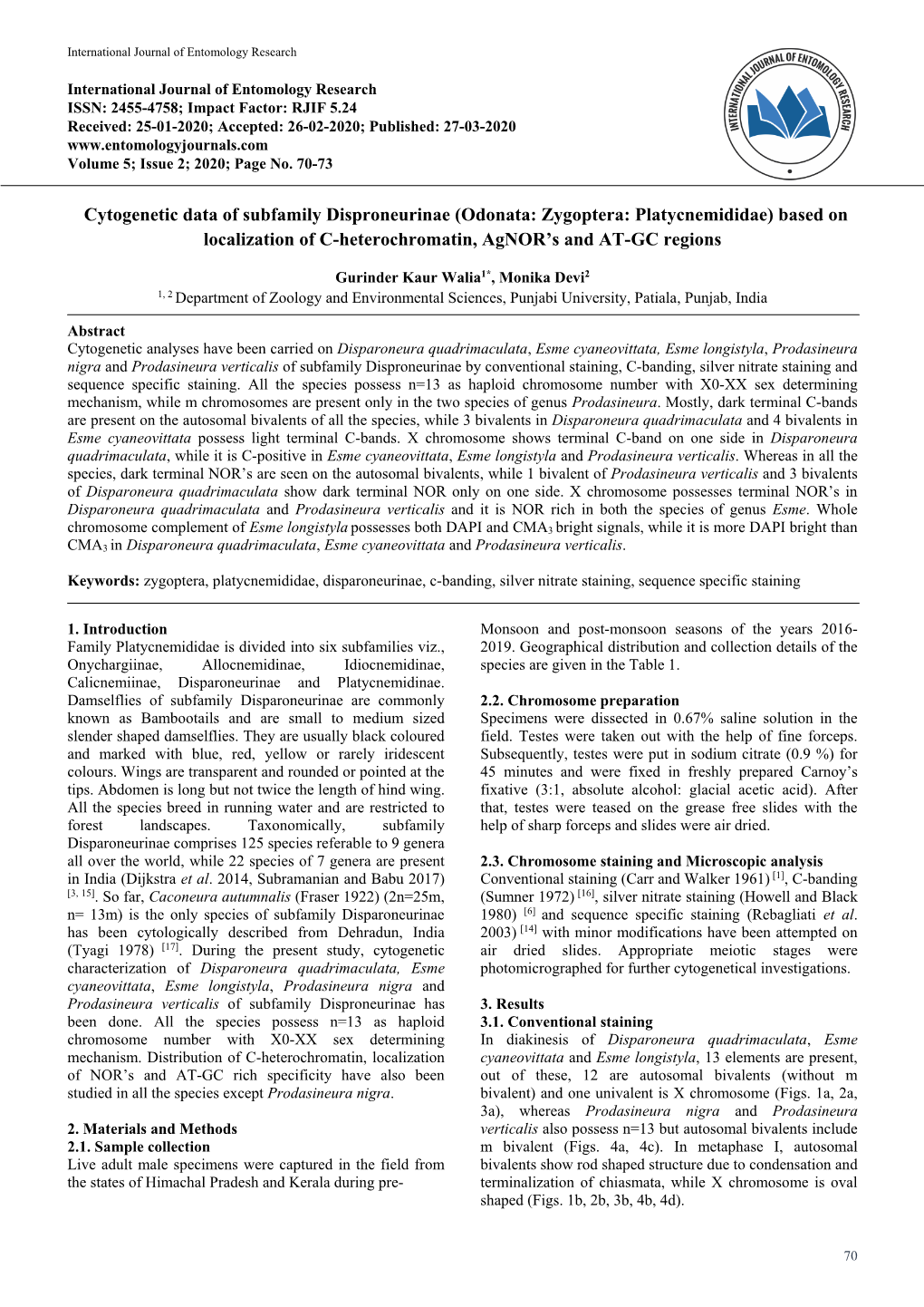 Odonata: Zygoptera: Platycnemididae) Based on Localization of C-Heterochromatin, Agnor’S and AT-GC Regions