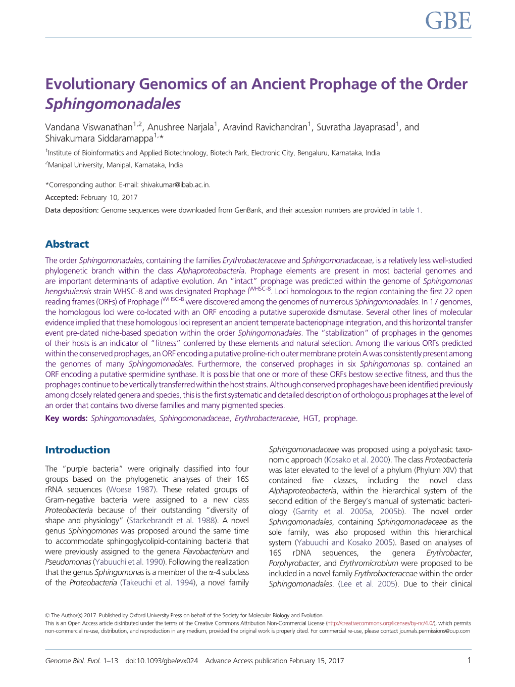 Evolutionary Genomics of an Ancient Prophage of the Order Sphingomonadales