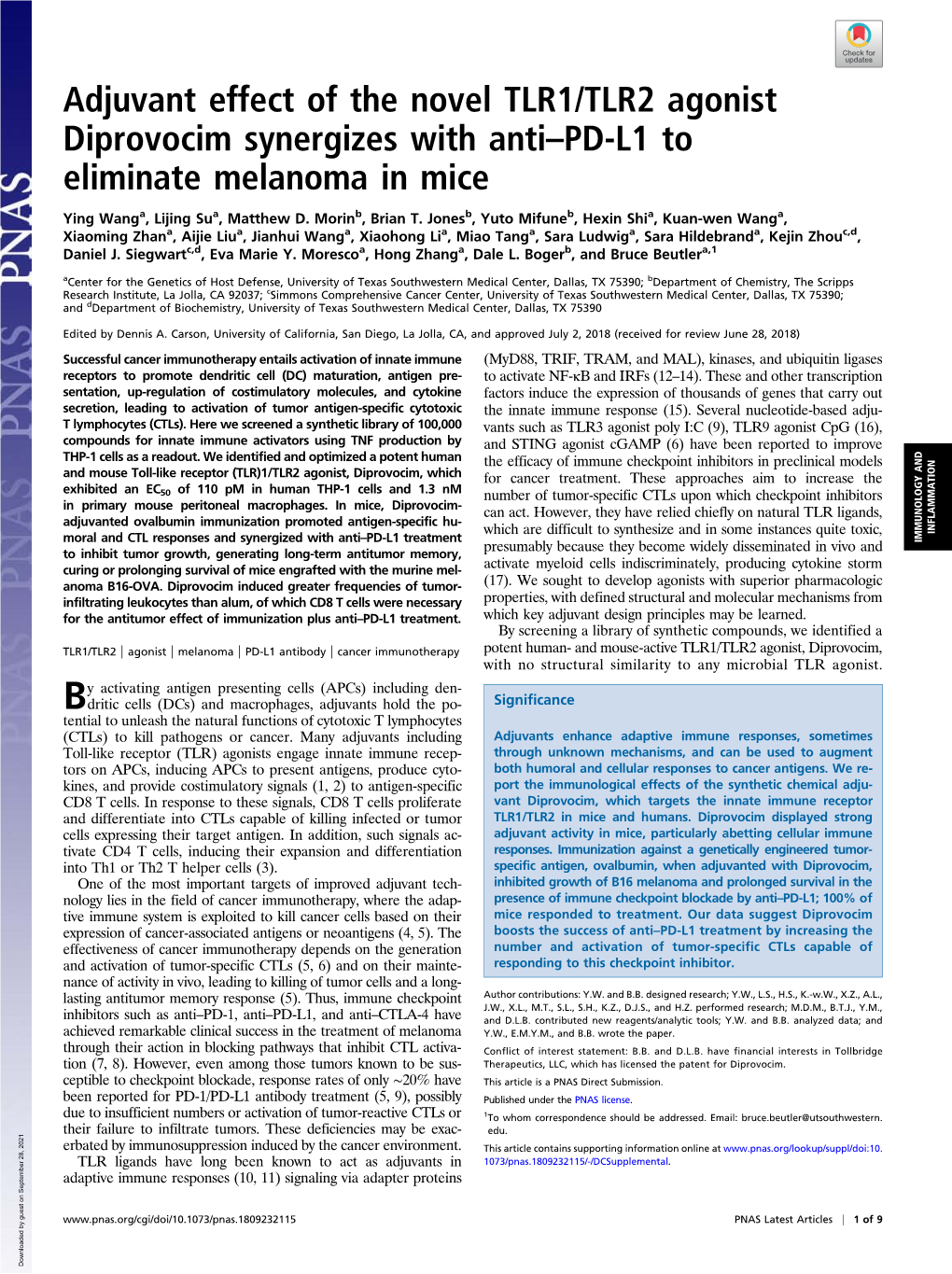 Adjuvant Effect of the Novel TLR1/TLR2 Agonist Diprovocim Synergizes with Anti–PD-L1 to Eliminate Melanoma in Mice