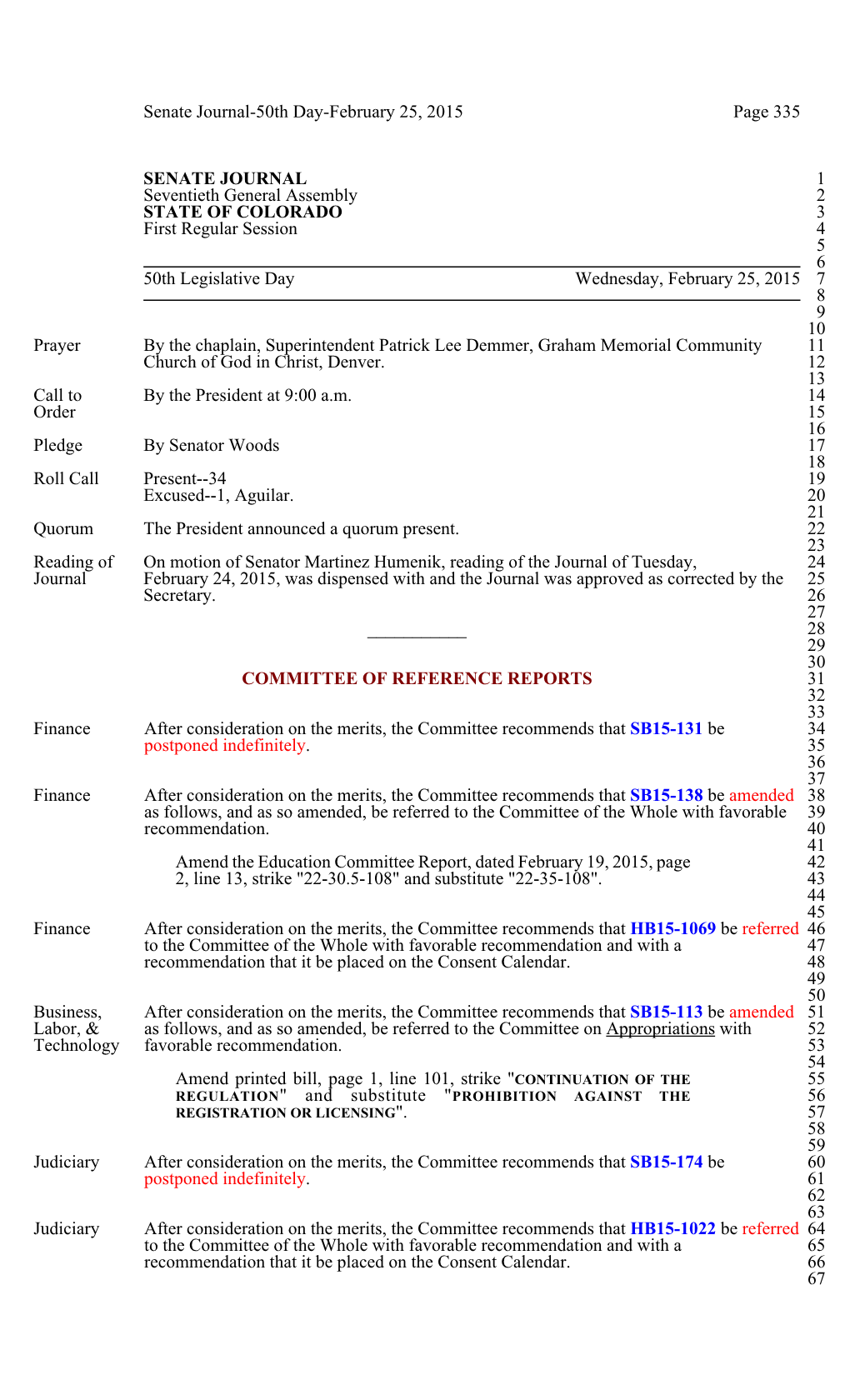 Senate Journal-50Th Day-February 25, 2015 Page 335 SENATE