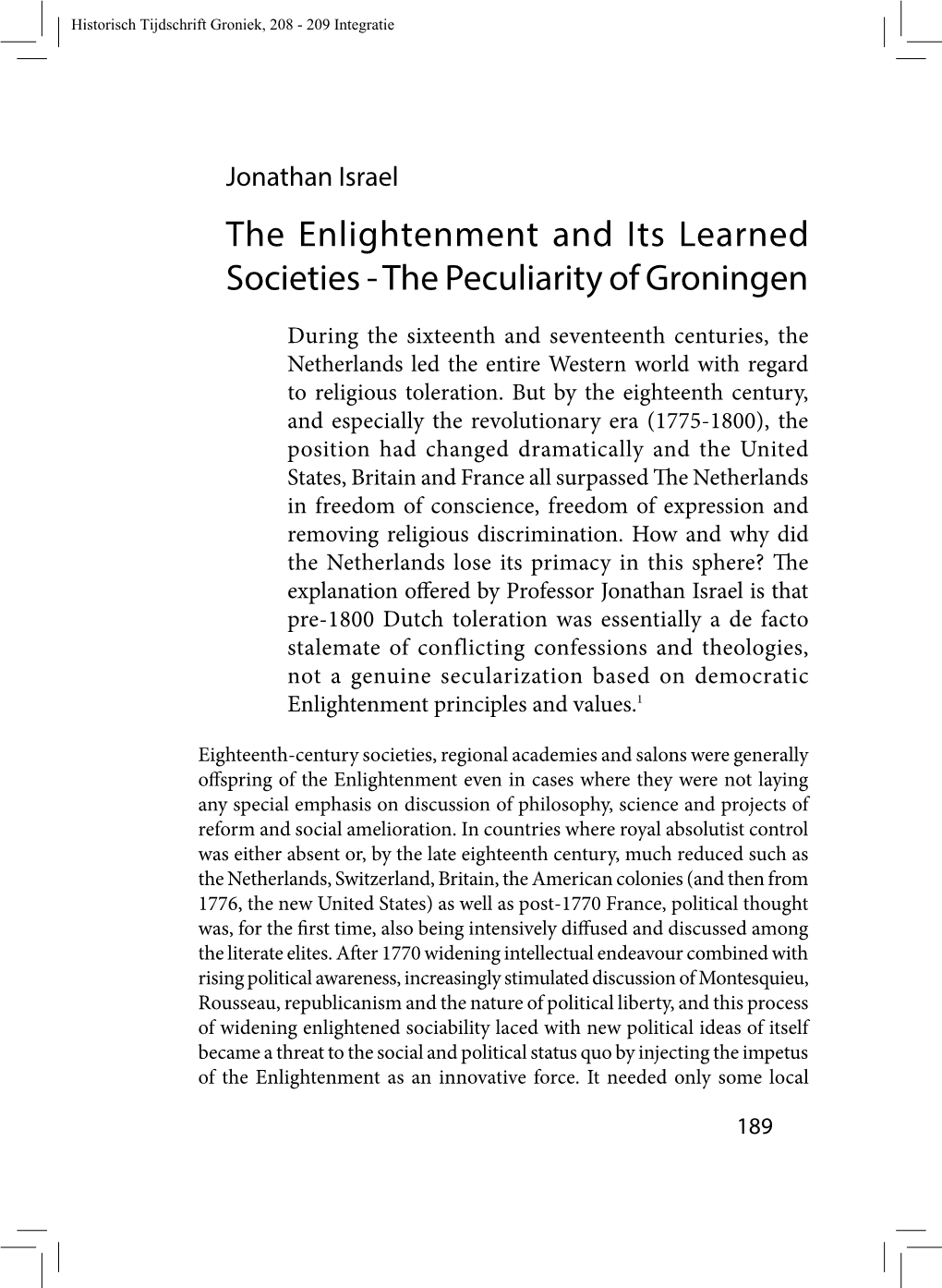 The Enlightenment and Its Learned Societies - the Peculiarity of Groningen