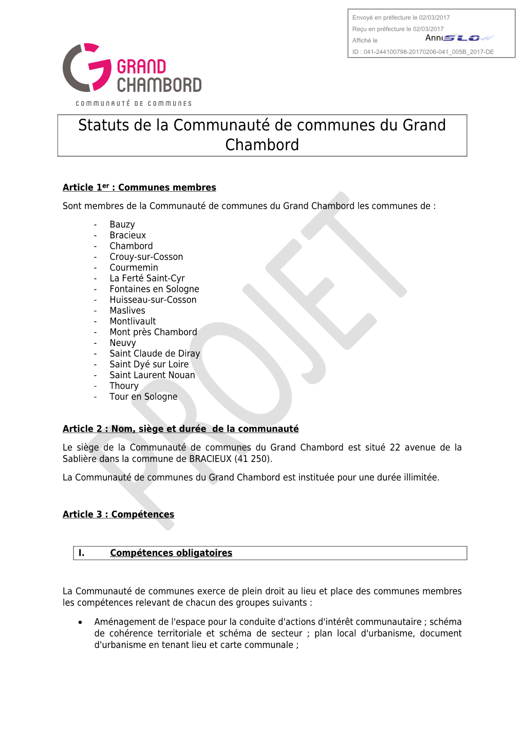 Statuts De La Communauté De Communes Du Grand Chambord