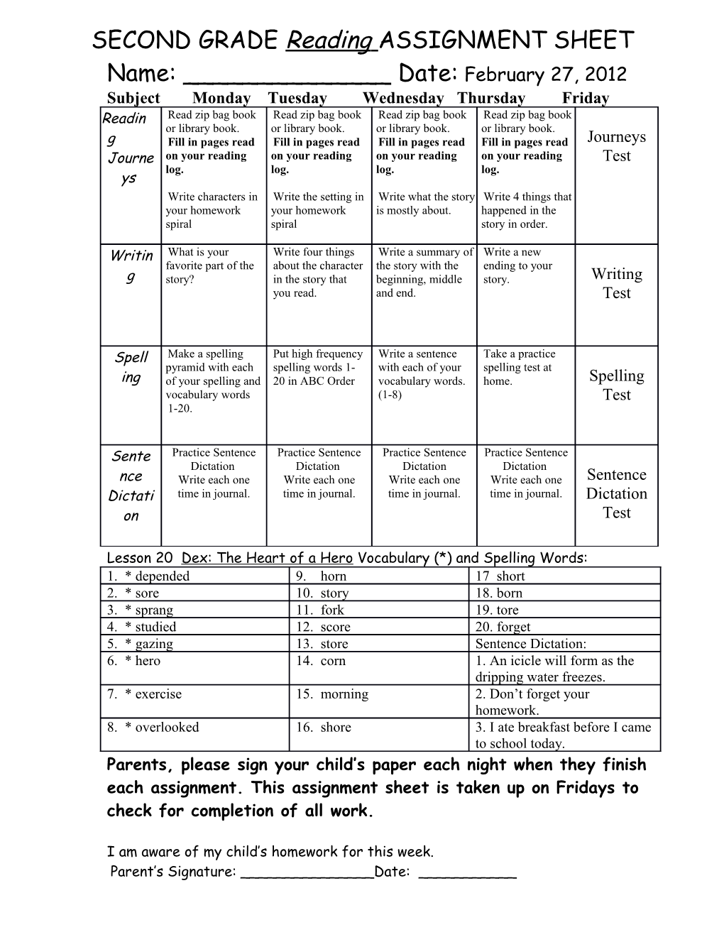 Third Grade Assignment Sheet