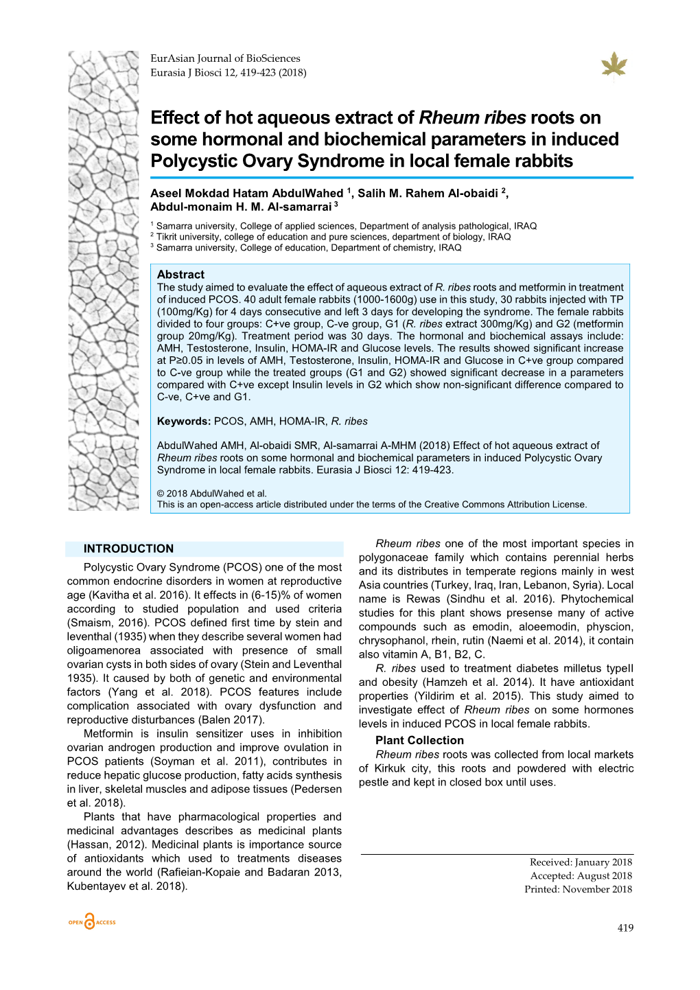 Effect of Hot Aqueous Extract of Rheum Ribes Roots on Some Hormonal and Biochemical Parameters in Induced Polycystic Ovary Syndrome in Local Female Rabbits