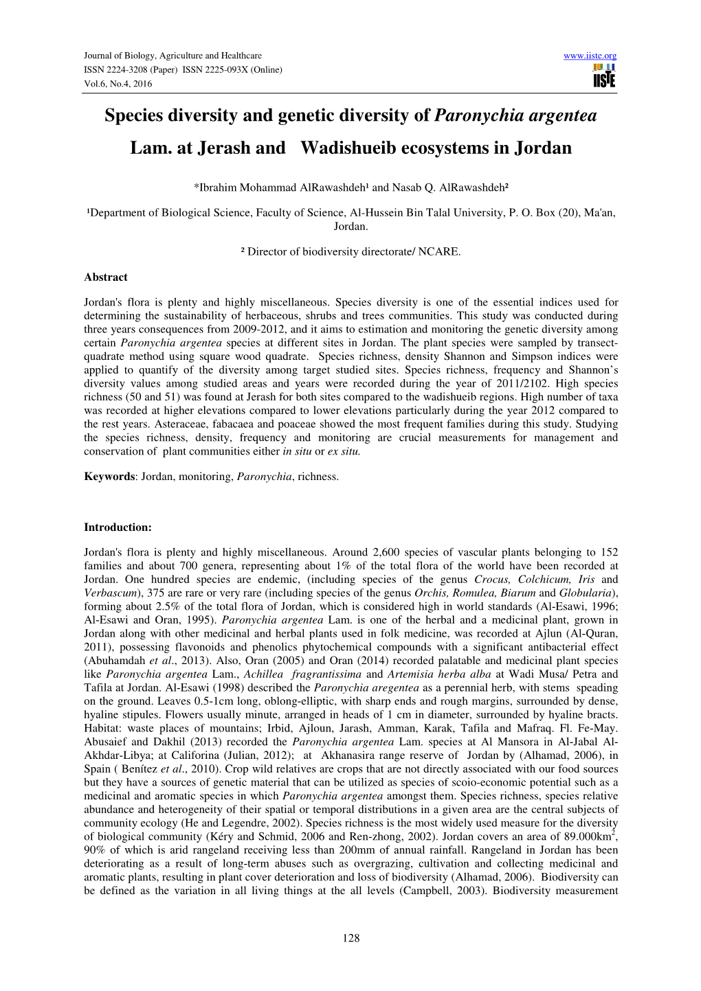 Species Diversity and Genetic Diversity of Paronychia Argentea Lam. at Jerash and Wadishueib Ecosystems in Jordan