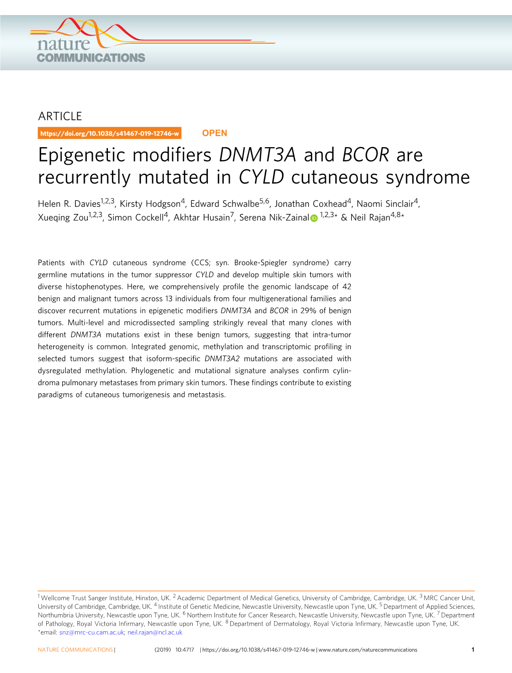 Epigenetic Modifiers DNMT3A and BCOR Are Recurrently Mutated In