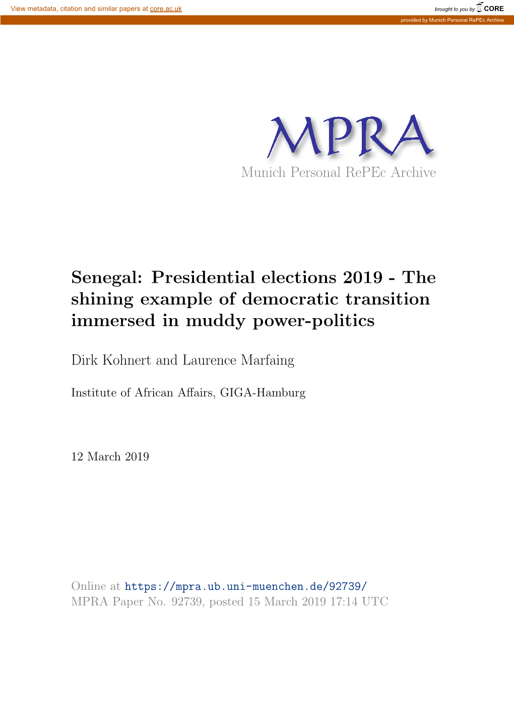 Senegal: Presidential Elections 2019 - the Shining Example of Democratic Transition Immersed in Muddy Power-Politics