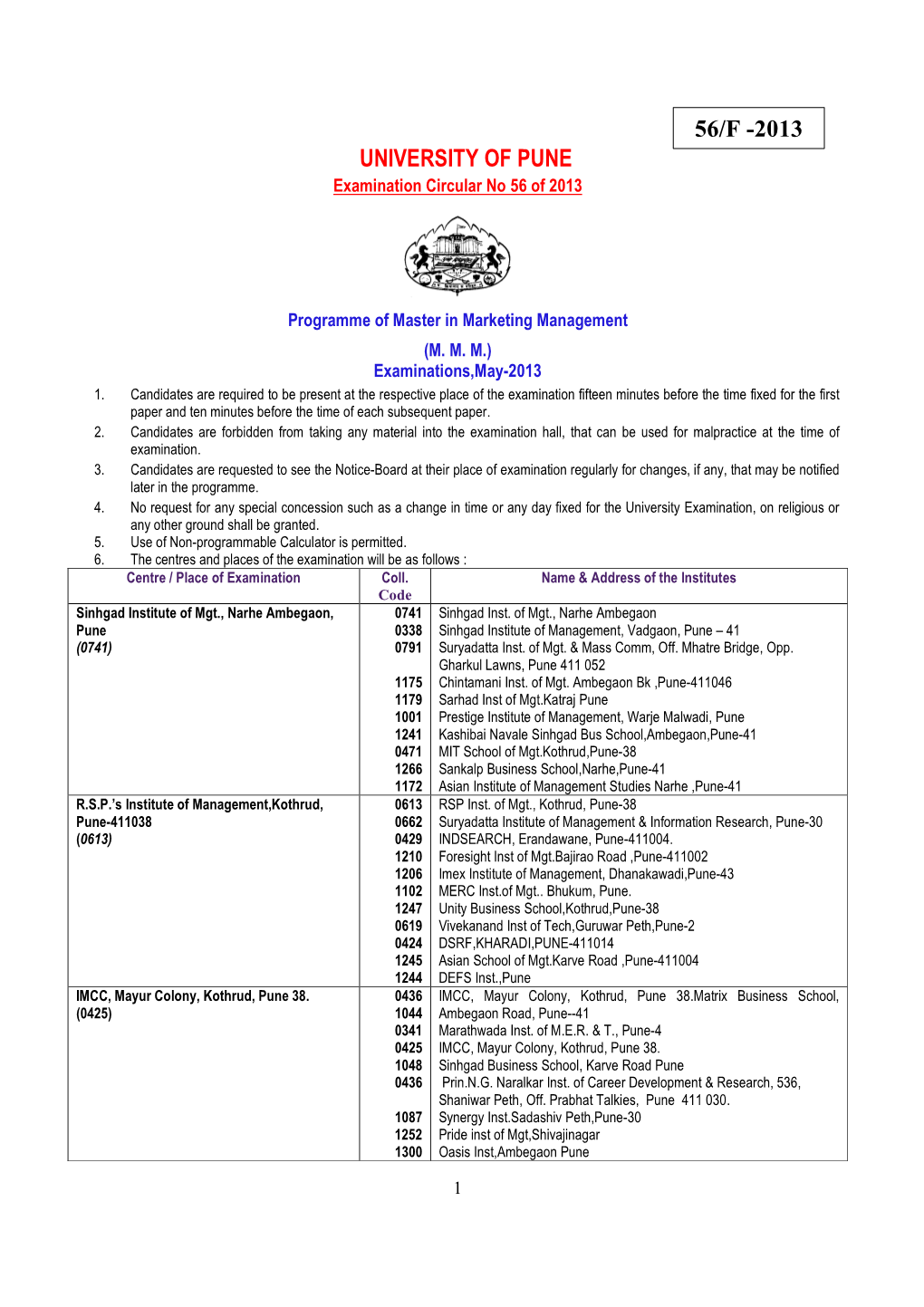 Programme of the M.M.M. Examination Apr-2013