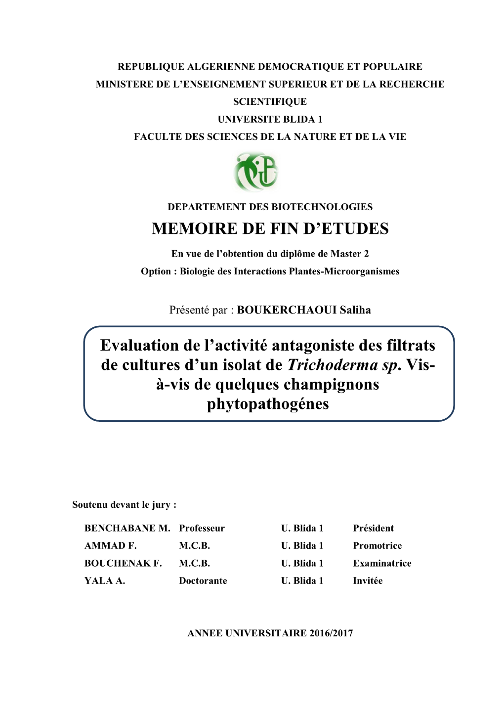 MEMOIRE DE FIN D'etudes Evaluation De L'activité Antagoniste