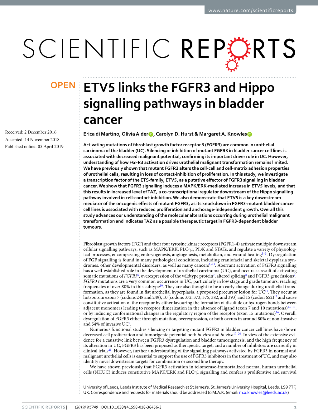 ETV5 Links the FGFR3 and Hippo Signalling Pathways in Bladder Cancer Received: 2 December 2016 Erica Di Martino, Olivia Alder , Carolyn D