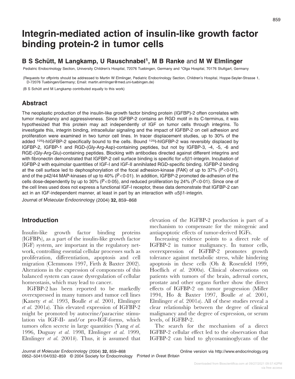 Integrin-Mediated Action of Insulin-Like Growth Factor Binding Protein-2 in Tumor Cells