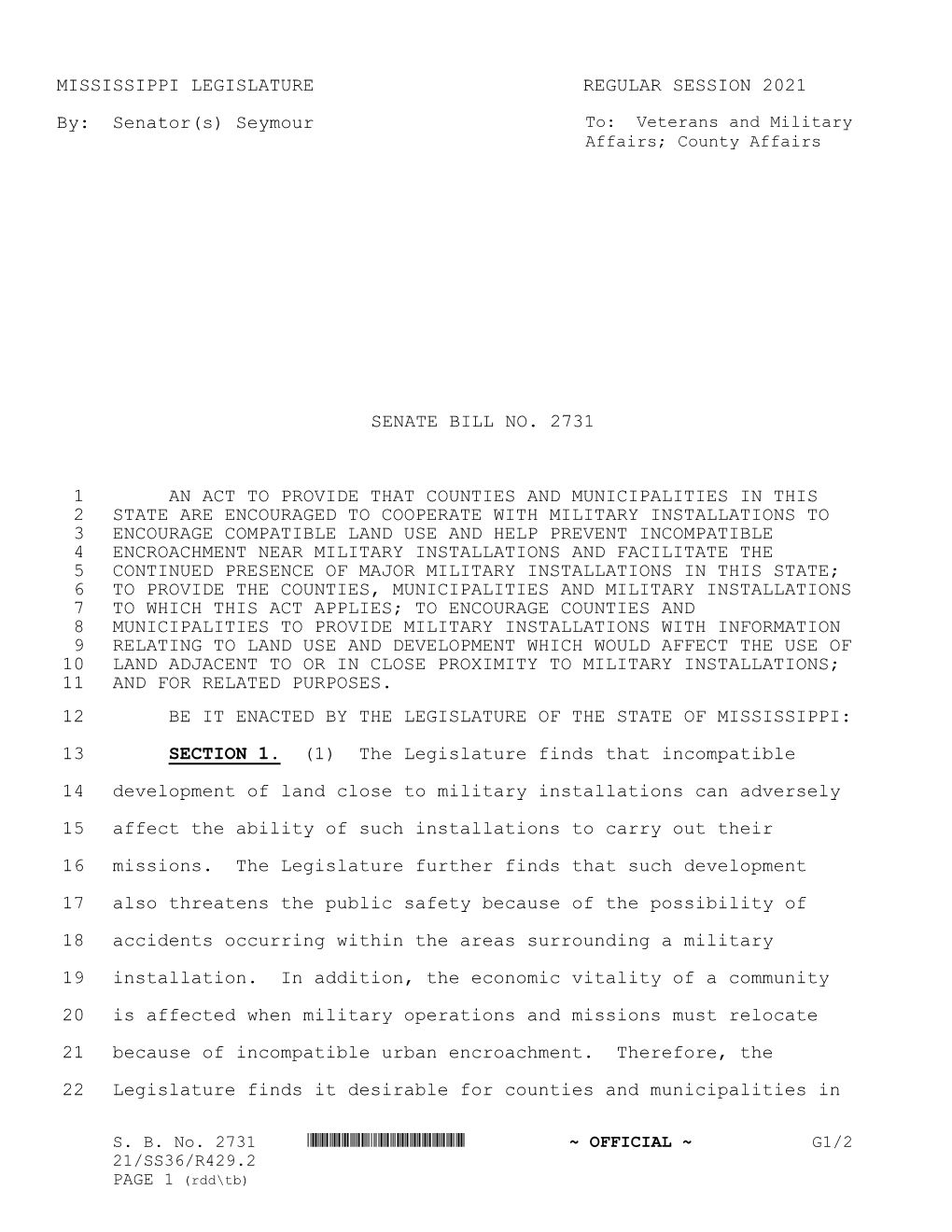 MISSISSIPPI LEGISLATURE REGULAR SESSION 2021 By