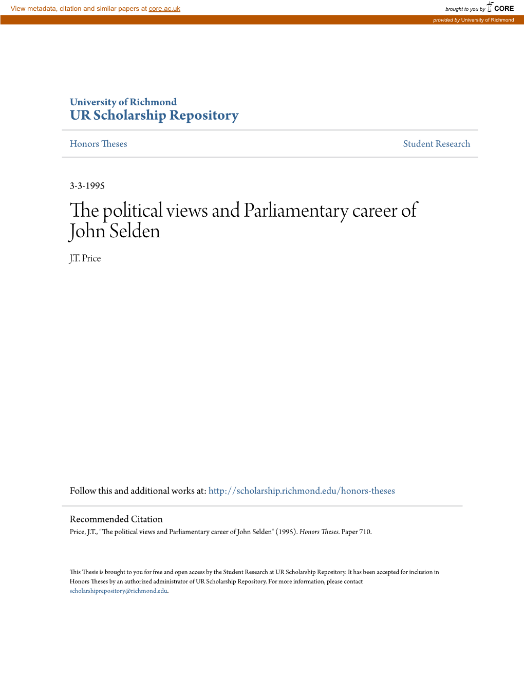 The Political Views and Parliamentary Career of John Selden J.T