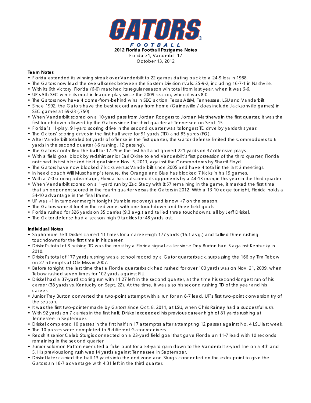 2012 Florida Football Postgame Notes Florida 31, Vanderbilt 17 October 13, 2012 Team Notes Florida Extended Its Winning Stre