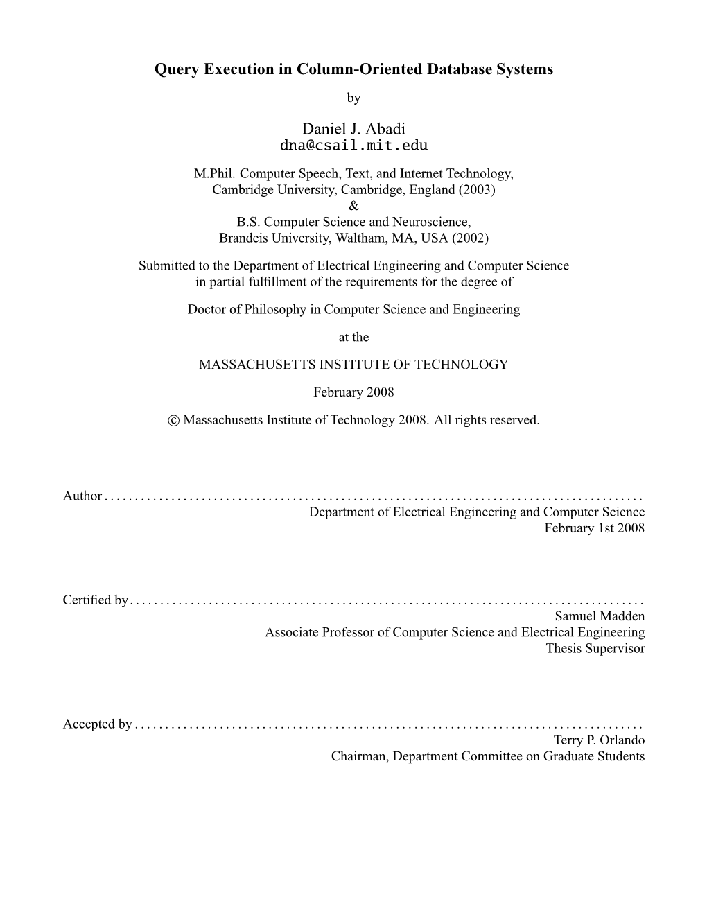 Query Execution in Column-Oriented Database Systems by Daniel J